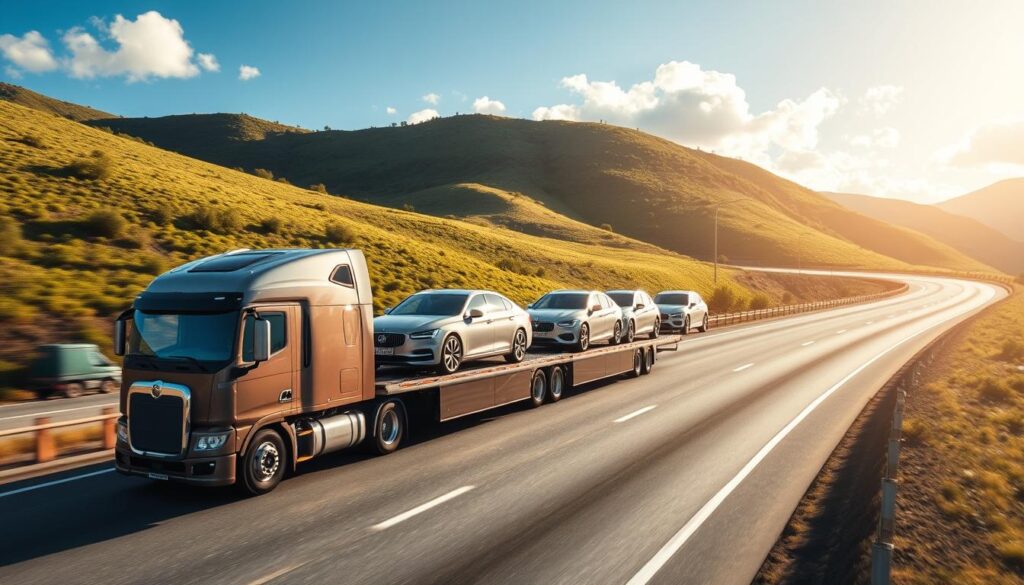 An auto transport truck hauling a group of pristine, gleaming vehicles down a winding highway, flanked by lush, verdant hills and a cloudless azure sky. The truck's sturdy frame and powerful engine convey a sense of reliability and efficiency, while the carefully secured cars project an air of professionalism and care. Warm, golden sunlight bathes the scene, casting long shadows and creating a sense of depth and dimensionality. The overall impression is one of a well-oiled, trustworthy operation, perfectly suited to the task of safely and securely transporting valuable automobiles to their destination. An auto transport truck hauling a group of pristine, gleaming vehicles down a winding highway, flanked by lush, verdant hills and a cloudless azure sky. The truck's sturdy frame and powerful engine convey a sense of reliability and efficiency, while the carefully secured cars project an air of professionalism and care. Warm, golden sunlight bathes the scene, casting long shadows and creating a sense of depth and dimensionality. The overall impression is one of a well-oiled, trustworthy operation, perfectly suited to the task of safely and securely transporting valuable automobiles to their destination.