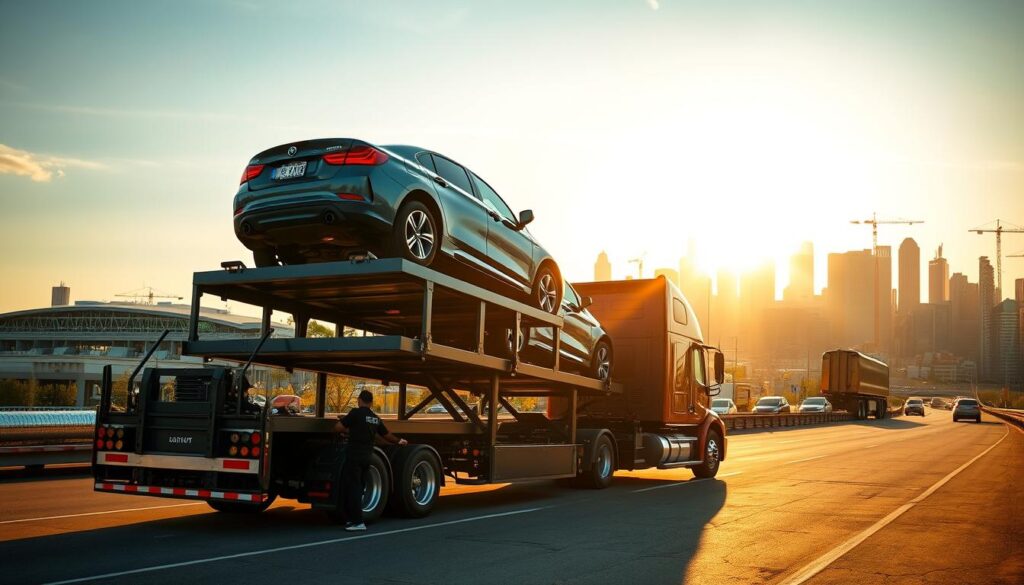 An auto transport truck loading vehicles onto its double-decker trailer, with Des Moines' skyline visible in the distance. The scene is bathed in warm, golden afternoon light, casting long shadows on the pavement. In the foreground, experienced drivers carefully guide cars onto the hydraulic lift, securing them with precision. The middle ground shows the truck's cab, its chrome trim gleaming. In the background, a bustling urban landscape of skyscrapers, cranes, and traffic creates a dynamic backdrop. The overall atmosphere conveys the efficiency and professionalism of the Des Moines auto transport process. An auto transport truck loading vehicles onto its double-decker trailer, with Des Moines' skyline visible in the distance. The scene is bathed in warm, golden afternoon light, casting long shadows on the pavement. In the foreground, experienced drivers carefully guide cars onto the hydraulic lift, securing them with precision. The middle ground shows the truck's cab, its chrome trim gleaming. In the background, a bustling urban landscape of skyscrapers, cranes, and traffic creates a dynamic backdrop. The overall atmosphere conveys the efficiency and professionalism of the Des Moines auto transport process.