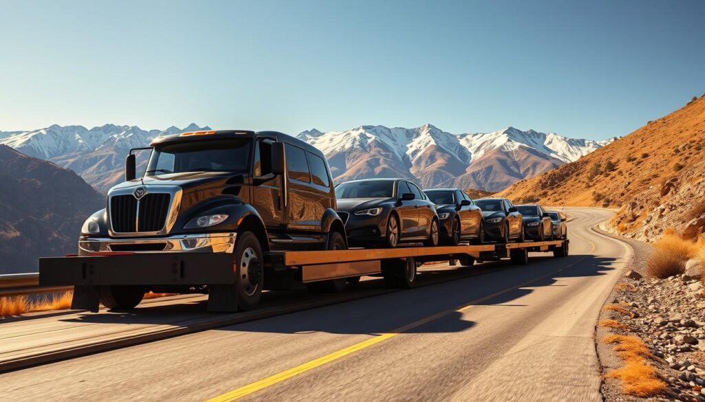An autotransporter vehicle transporting a line of shiny new cars down a winding mountain road in Sandy, Utah. The foreground shows the massive flatbed trailer with its hydraulic ramps lowered, ready to load or unload vehicles. In the middle ground, the cab of the transport truck is visible, its powerful engine idling as the driver navigates the scenic route. In the background, the Wasatch Mountains rise up, their peaks dusted with snow under a bright, clear sky. Warm, golden sunlight bathes the scene, casting long shadows and highlighting the vehicles' glossy paint finishes. The overall atmosphere conveys a sense of efficiency, safety and reliability for these trusted auto transport services. An autotransporter vehicle transporting a line of shiny new cars down a winding mountain road in Sandy, Utah. The foreground shows the massive flatbed trailer with its hydraulic ramps lowered, ready to load or unload vehicles. In the middle ground, the cab of the transport truck is visible, its powerful engine idling as the driver navigates the scenic route. In the background, the Wasatch Mountains rise up, their peaks dusted with snow under a bright, clear sky. Warm, golden sunlight bathes the scene, casting long shadows and highlighting the vehicles' glossy paint finishes. The overall atmosphere conveys a sense of efficiency, safety and reliability for these trusted auto transport services.