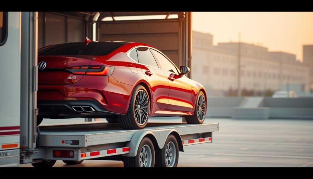 An elegant car being loaded onto a specialized car carrier trailer, the vibrant vehicle gleaming under soft, even lighting. The scene is captured from a slightly elevated angle, showcasing the intricate loading process and the sturdy construction of the trailer. The background is a minimalist urban landscape, allowing the focus to remain on the car shipping service in action. A serene, professional atmosphere pervades the image, conveying the reliable and trustworthy nature of the transportation service. An elegant car being loaded onto a specialized car carrier trailer, the vibrant vehicle gleaming under soft, even lighting. The scene is captured from a slightly elevated angle, showcasing the intricate loading process and the sturdy construction of the trailer. The background is a minimalist urban landscape, allowing the focus to remain on the car shipping service in action. A serene, professional atmosphere pervades the image, conveying the reliable and trustworthy nature of the transportation service.