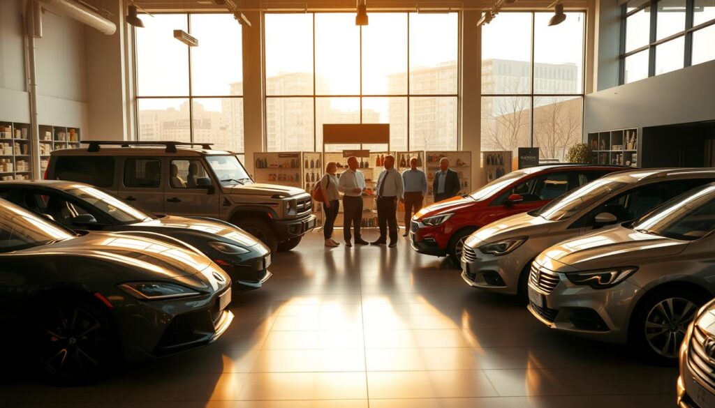 An expansive automotive showroom, bathed in warm, golden light from large windows. In the foreground, an array of diverse vehicles - a sleek sports car, a rugged off-road SUV, a family-friendly minivan, and a practical sedan - each representing a transport option to suit varying needs and budgets. The middle ground features a team of attentive sales representatives, available to guide customers through the selection process. In the background, shelves display an assortment of accessories and customization options, hinting at the breadth of possibilities. The scene conveys a sense of professionalism, choice, and the promise of finding the perfect vehicle transport solution. An expansive automotive showroom, bathed in warm, golden light from large windows. In the foreground, an array of diverse vehicles - a sleek sports car, a rugged off-road SUV, a family-friendly minivan, and a practical sedan - each representing a transport option to suit varying needs and budgets. The middle ground features a team of attentive sales representatives, available to guide customers through the selection process. In the background, shelves display an assortment of accessories and customization options, hinting at the breadth of possibilities. The scene conveys a sense of professionalism, choice, and the promise of finding the perfect vehicle transport solution.