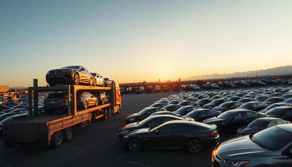 An expansive car shipping yard, with rows of automobiles neatly aligned, awaiting transport to their destinations. In the foreground, a large car carrier truck is loaded with a mix of sedans and SUVs, its rear ramp lowered to accommodate the vehicles. The sun casts a warm, golden glow across the scene, illuminating the glossy paint and chrome details of the cars. In the middle ground, a fleet of smaller car transport trailers are parked, their cargo secured and ready to embark on the journey. The background is dominated by a cloudless sky, with a few distant mountains visible on the horizon, creating a sense of scale and setting the scene in the Pacific Northwest. The overall mood is one of efficiency, organization, and the reliable movement of automobiles from one location to another. An expansive car shipping yard, with rows of automobiles neatly aligned, awaiting transport to their destinations. In the foreground, a large car carrier truck is loaded with a mix of sedans and SUVs, its rear ramp lowered to accommodate the vehicles. The sun casts a warm, golden glow across the scene, illuminating the glossy paint and chrome details of the cars. In the middle ground, a fleet of smaller car transport trailers are parked, their cargo secured and ready to embark on the journey. The background is dominated by a cloudless sky, with a few distant mountains visible on the horizon, creating a sense of scale and setting the scene in the Pacific Northwest. The overall mood is one of efficiency, organization, and the reliable movement of automobiles from one location to another.