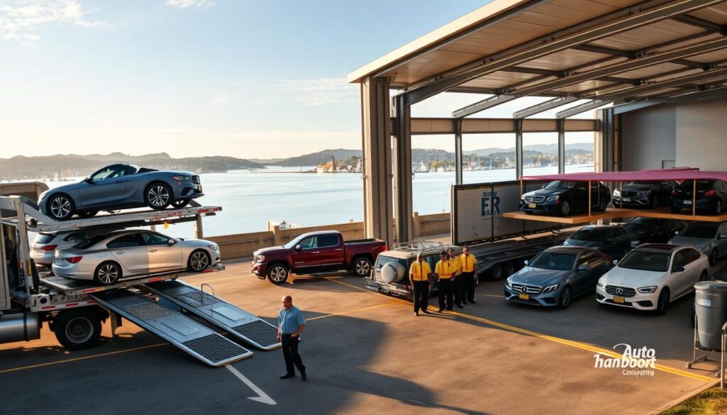 An expansive, well-lit scene of an auto transport facility in Gig Harbor, Washington. In the foreground, a large car carrier truck securely holds a mix of vehicles, its hydraulic ramps extended. Nearby, a team of uniformed staff expertly oversees the loading and unloading processes. The middle ground showcases the facility's modern, climate-controlled storage area, where rows of protected vehicles await their destinations. In the background, the picturesque Gig Harbor waterfront and rolling hills create a serene, coastal backdrop, evoking a sense of reliability and trustworthiness. The lighting is natural, with a warm, golden hue that enhances the professional, yet inviting atmosphere. The camera angle is slightly elevated, providing a comprehensive view of the efficient, well-organized auto transport operation. An expansive, well-lit scene of an auto transport facility in Gig Harbor, Washington. In the foreground, a large car carrier truck securely holds a mix of vehicles, its hydraulic ramps extended. Nearby, a team of uniformed staff expertly oversees the loading and unloading processes. The middle ground showcases the facility's modern, climate-controlled storage area, where rows of protected vehicles await their destinations. In the background, the picturesque Gig Harbor waterfront and rolling hills create a serene, coastal backdrop, evoking a sense of reliability and trustworthiness. The lighting is natural, with a warm, golden hue that enhances the professional, yet inviting atmosphere. The camera angle is slightly elevated, providing a comprehensive view of the efficient, well-organized auto transport operation.