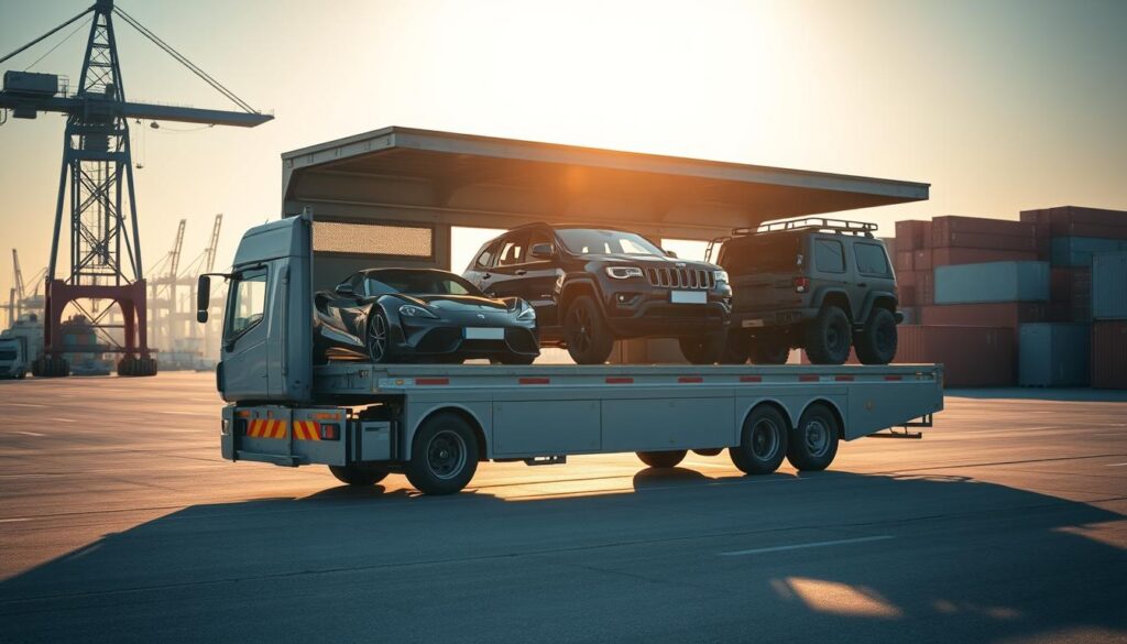 An open-air vehicle transport truck carrying a diverse selection of automobiles, including a sleek sports car, a family sedan, and a rugged off-road SUV. The truck is illuminated by warm, golden sunlight, casting long shadows across the smooth asphalt of a bustling transportation hub. In the background, a towering crane and the silhouettes of distant shipping containers suggest the scale and efficiency of this specialized auto shipping operation. The scene conveys the reliable, professional, and comprehensive nature of the vehicle shipping options available, ready to accommodate a wide range of customer needs. An open-air vehicle transport truck carrying a diverse selection of automobiles, including a sleek sports car, a family sedan, and a rugged off-road SUV. The truck is illuminated by warm, golden sunlight, casting long shadows across the smooth asphalt of a bustling transportation hub. In the background, a towering crane and the silhouettes of distant shipping containers suggest the scale and efficiency of this specialized auto shipping operation. The scene conveys the reliable, professional, and comprehensive nature of the vehicle shipping options available, ready to accommodate a wide range of customer needs.