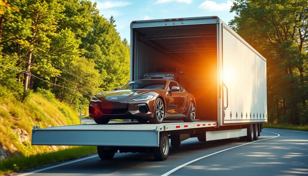 An open car transport truck with a partially enclosed trailer, showcasing the contrast between open and enclosed vehicle shipping methods. Sunlight streams in through the open sides, highlighting the glossy exteriors of the cars inside. The truck is positioned on a winding country road, surrounded by lush green foliage and a clear blue sky. The scene conveys a sense of safety, protection, and the careful consideration required when choosing the right transport option for valuable automobiles. An open car transport truck with a partially enclosed trailer, showcasing the contrast between open and enclosed vehicle shipping methods. Sunlight streams in through the open sides, highlighting the glossy exteriors of the cars inside. The truck is positioned on a winding country road, surrounded by lush green foliage and a clear blue sky. The scene conveys a sense of safety, protection, and the careful consideration required when choosing the right transport option for valuable automobiles.