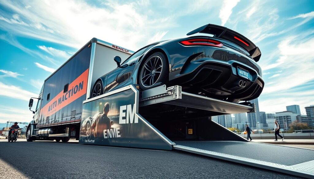 An ultra-detailed wide-angle shot of an auto transport truck effortlessly loading a sleek sports car onto its bed, with the bustling Renton cityscape visible in the background. The truck is painted in a bold, eye-catching color scheme, its chrome trim gleaming under bright, evenly-diffused lighting. The sports car's dynamic silhouette is highlighted as it gracefully ascends the ramp, conveying a sense of precision and reliability in the auto transport process. The surrounding environment is crisp and clean, with a vibrant blue sky peppered with wispy clouds, creating an overall mood of professionalism and efficiency. An ultra-detailed wide-angle shot of an auto transport truck effortlessly loading a sleek sports car onto its bed, with the bustling Renton cityscape visible in the background. The truck is painted in a bold, eye-catching color scheme, its chrome trim gleaming under bright, evenly-diffused lighting. The sports car's dynamic silhouette is highlighted as it gracefully ascends the ramp, conveying a sense of precision and reliability in the auto transport process. The surrounding environment is crisp and clean, with a vibrant blue sky peppered with wispy clouds, creating an overall mood of professionalism and efficiency.