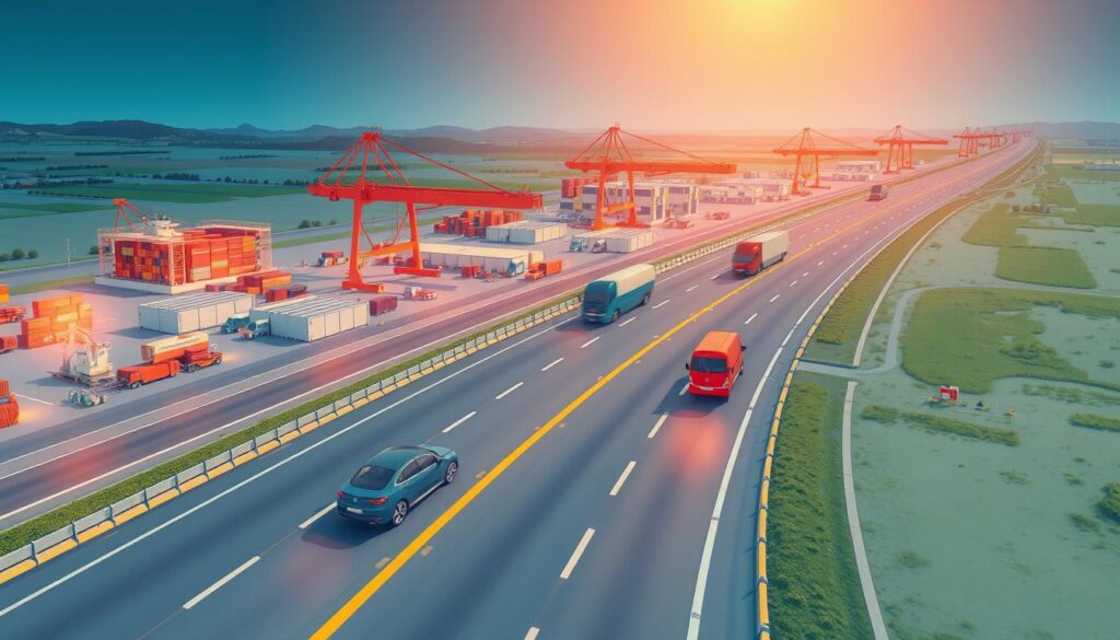 Coverage routes accessibility - a detailed blueprint of an efficient transportation network. A wide, well-lit highway courses through a panoramic landscape, dotted with modern intermodal hubs and distribution centers. Sleek electric vehicles glide effortlessly along the smooth asphalt, while towering gantry cranes seamlessly transfer cargo between trains, trucks, and ships. Vibrant colors and clean, minimalist design convey a sense of technological sophistication and environmental responsibility. Crisp, high-resolution rendering captures every nuance of this integrated, accessible, and future-ready transportation ecosystem. Coverage routes accessibility - a detailed blueprint of an efficient transportation network. A wide, well-lit highway courses through a panoramic landscape, dotted with modern intermodal hubs and distribution centers. Sleek electric vehicles glide effortlessly along the smooth asphalt, while towering gantry cranes seamlessly transfer cargo between trains, trucks, and ships. Vibrant colors and clean, minimalist design convey a sense of technological sophistication and environmental responsibility. Crisp, high-resolution rendering captures every nuance of this integrated, accessible, and future-ready transportation ecosystem.