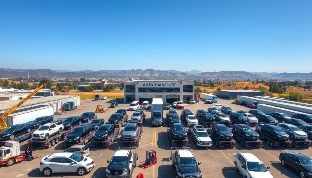 Detailed auto transport company in a scenic Mountain View setting. A fleet of well-maintained car carriers arranged in the foreground, surrounded by a bustling logistics hub with cranes, forklifts, and workers coordinating shipments. In the middle ground, a modern office building with prominent signage. The background showcases the iconic Silicon Valley landscape, with rolling hills, distant mountains, and a clear blue sky. The scene conveys a sense of efficiency, professionalism, and the reliable transportation services offered by this auto transport company catering to the Mountain View community. Detailed auto transport company in a scenic Mountain View setting. A fleet of well-maintained car carriers arranged in the foreground, surrounded by a bustling logistics hub with cranes, forklifts, and workers coordinating shipments. In the middle ground, a modern office building with prominent signage. The background showcases the iconic Silicon Valley landscape, with rolling hills, distant mountains, and a clear blue sky. The scene conveys a sense of efficiency, professionalism, and the reliable transportation services offered by this auto transport company catering to the Mountain View community.