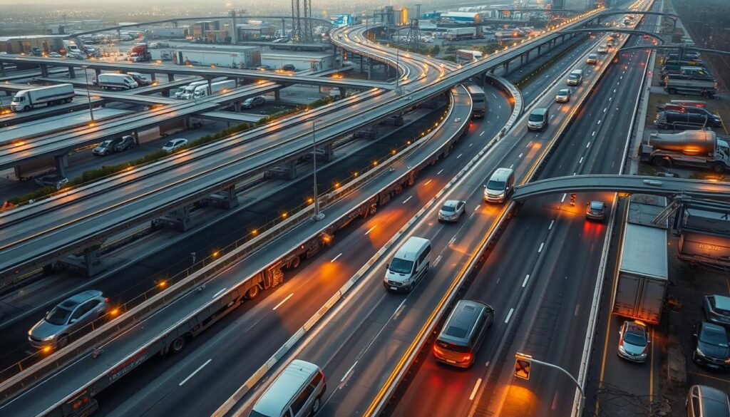 Detailed auto transport network with smooth highways, bustling logistics hubs, and efficient loading and unloading operations. Impose a high-angle, cinematic perspective to showcase the intricate interconnected system. Highlight the flow of vehicles across the network, with car carriers traversing between distribution centers and dealerships. Incorporate vibrant, realistic lighting to convey a sense of efficiency and professionalism. Emphasize the scale and complexity of the network, with a focus on the seamless integration of different transportation modes. Depict the network as a well-oiled machine, reflecting the reliable and trustworthy nature of Best Car Shipping Inc's services.