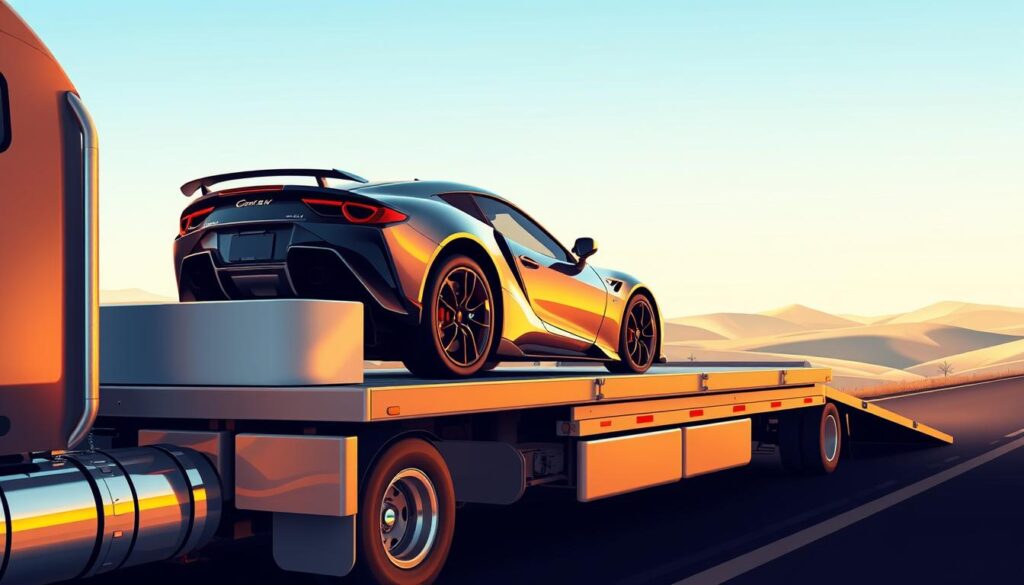 Detailed illustration of a vehicle shipping operation, showcasing a flatbed truck carefully transporting a luxury sports car. The truck is positioned in the foreground, its metallic chassis gleaming under warm, directional lighting. The sports car, secured with sturdy tie-downs, takes center stage, its sleek, aerodynamic form casting dynamic shadows. In the middle ground, a loading ramp extends from the truck's bed, suggesting the car's recent loading. The background features a picturesque landscape of rolling hills and a clear, azure sky, creating a sense of scale and emphasizing the nationwide coverage of the shipping service. The overall scene conveys a professional, high-quality automotive transportation experience. Detailed illustration of a vehicle shipping operation, showcasing a flatbed truck carefully transporting a luxury sports car. The truck is positioned in the foreground, its metallic chassis gleaming under warm, directional lighting. The sports car, secured with sturdy tie-downs, takes center stage, its sleek, aerodynamic form casting dynamic shadows. In the middle ground, a loading ramp extends from the truck's bed, suggesting the car's recent loading. The background features a picturesque landscape of rolling hills and a clear, azure sky, creating a sense of scale and emphasizing the nationwide coverage of the shipping service. The overall scene conveys a professional, high-quality automotive transportation experience.