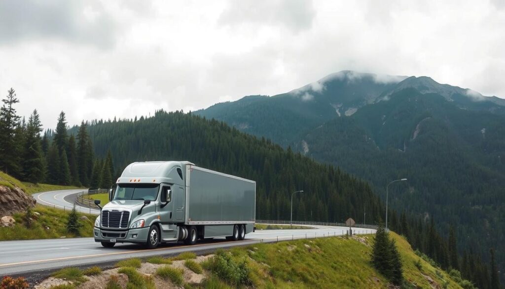 High-angle view of a modern auto transport truck on a winding mountain road, with lush green forests and rugged peaks in the background. The truck's sleek silver exterior and multi-level design is clearly visible, showcasing its ability to securely transport a variety of vehicles. Soft, diffused lighting from the overcast sky creates a calm, naturalistic atmosphere, highlighting the truck's impressive scale and the stunning natural scenery surrounding it. The prompt aims to capture the reliable and efficient nature of the car shipping and auto transport service offered in Lovell, set against a picturesque landscape. High-angle view of a modern auto transport truck on a winding mountain road, with lush green forests and rugged peaks in the background. The truck's sleek silver exterior and multi-level design is clearly visible, showcasing its ability to securely transport a variety of vehicles. Soft, diffused lighting from the overcast sky creates a calm, naturalistic atmosphere, highlighting the truck's impressive scale and the stunning natural scenery surrounding it. The prompt aims to capture the reliable and efficient nature of the car shipping and auto transport service offered in Lovell, set against a picturesque landscape.