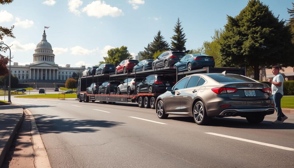 Olympia car shipping on a sun-dappled street, a sleek car carrier truck navigates the winding roads, its trailer laden with a diverse array of vehicles, from luxury sedans to rugged SUVs. In the foreground, a well-maintained, gleaming car awaits its turn for transport, its owner standing nearby, confident in the expertise of the seasoned shipping professionals. The background features the iconic architecture of Olympia, Washington, with the imposing Capitol building and lush greenery creating a picturesque backdrop. The scene conveys a sense of reliability, efficiency, and the trusted care that Olympia's car shipping services provide. Olympia car shipping on a sun-dappled street, a sleek car carrier truck navigates the winding roads, its trailer laden with a diverse array of vehicles, from luxury sedans to rugged SUVs. In the foreground, a well-maintained, gleaming car awaits its turn for transport, its owner standing nearby, confident in the expertise of the seasoned shipping professionals. The background features the iconic architecture of Olympia, Washington, with the imposing Capitol building and lush greenery creating a picturesque backdrop. The scene conveys a sense of reliability, efficiency, and the trusted care that Olympia's car shipping services provide.