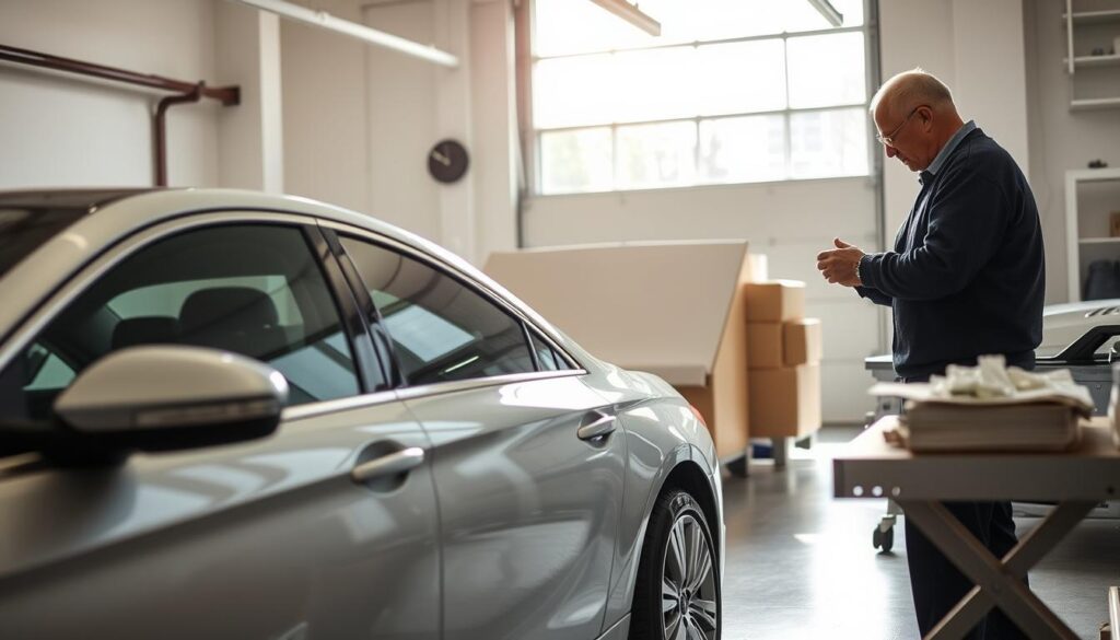 Preparing a vehicle for transport in New Rochelle, New York. A well-lit, spacious garage setting with natural light filtering in through large windows. In the foreground, a mid-size sedan is parked, its exterior clean and gleaming. The owner, a middle-aged person, is meticulously inspecting the car, checking the tires, mirrors, and other essential components. On a nearby workbench, packing materials and tools are neatly organized, ready for the vehicle's careful preparation. The atmosphere is one of focused attention and attention to detail, capturing the importance of properly preparing a car for safe and reliable auto transport from New Rochelle. Preparing a vehicle for transport in New Rochelle, New York. A well-lit, spacious garage setting with natural light filtering in through large windows. In the foreground, a mid-size sedan is parked, its exterior clean and gleaming. The owner, a middle-aged person, is meticulously inspecting the car, checking the tires, mirrors, and other essential components. On a nearby workbench, packing materials and tools are neatly organized, ready for the vehicle's careful preparation. The atmosphere is one of focused attention and attention to detail, capturing the importance of properly preparing a car for safe and reliable auto transport from New Rochelle.