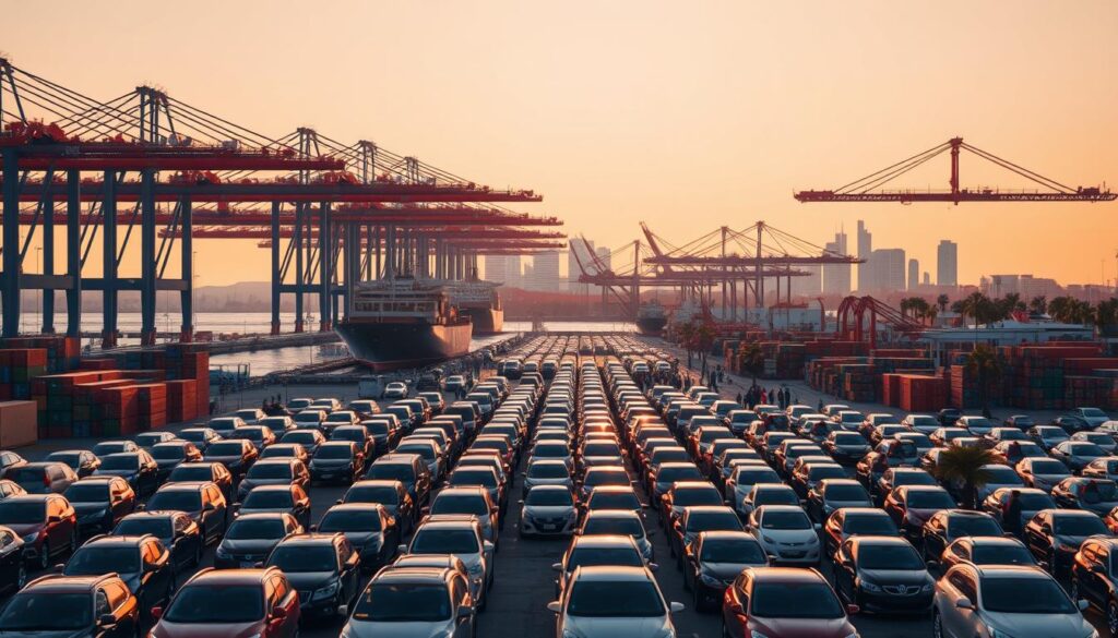 Prompt A vast, bustling port scene at the Port of Long Beach, with towering container ships and cargo cranes dominating the foreground. In the middle ground, rows of automobiles await their turn for international shipping, their shiny exteriors reflecting the warm, golden light of the setting sun. The background is filled with the iconic skyline of Long Beach, its modern architecture and palm trees creating a vibrant, coastal atmosphere. The scene is captured with a wide-angle lens, emphasizing the scale and activity of this vital global shipping hub. The mood is one of efficiency, connectivity, and the flow of international commerce. Prompt A vast, bustling port scene at the Port of Long Beach, with towering container ships and cargo cranes dominating the foreground. In the middle ground, rows of automobiles await their turn for international shipping, their shiny exteriors reflecting the warm, golden light of the setting sun. The background is filled with the iconic skyline of Long Beach, its modern architecture and palm trees creating a vibrant, coastal atmosphere. The scene is captured with a wide-angle lens, emphasizing the scale and activity of this vital global shipping hub. The mood is one of efficiency, connectivity, and the flow of international commerce.