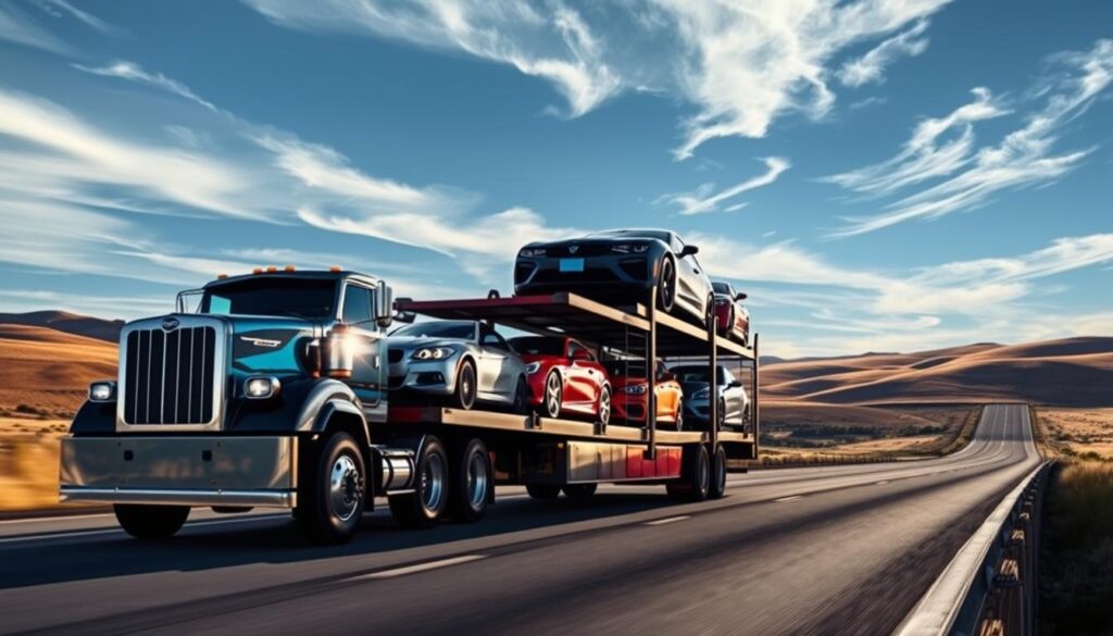 Redmond Auto Transport Services You Can Trust: a detailed high-resolution image of a car carrier truck transporting several vehicles, seen from the side with the truck in the foreground. The truck is well-lit from the front, casting dramatic shadows on the cars. In the background, a highway landscape with rolling hills and a blue sky with wispy clouds. The overall scene conveys professionalism, reliability, and the high-quality auto transport services available in Redmond. Redmond Auto Transport Services You Can Trust: a detailed high-resolution image of a car carrier truck transporting several vehicles, seen from the side with the truck in the foreground. The truck is well-lit from the front, casting dramatic shadows on the cars. In the background, a highway landscape with rolling hills and a blue sky with wispy clouds. The overall scene conveys professionalism, reliability, and the high-quality auto transport services available in Redmond.