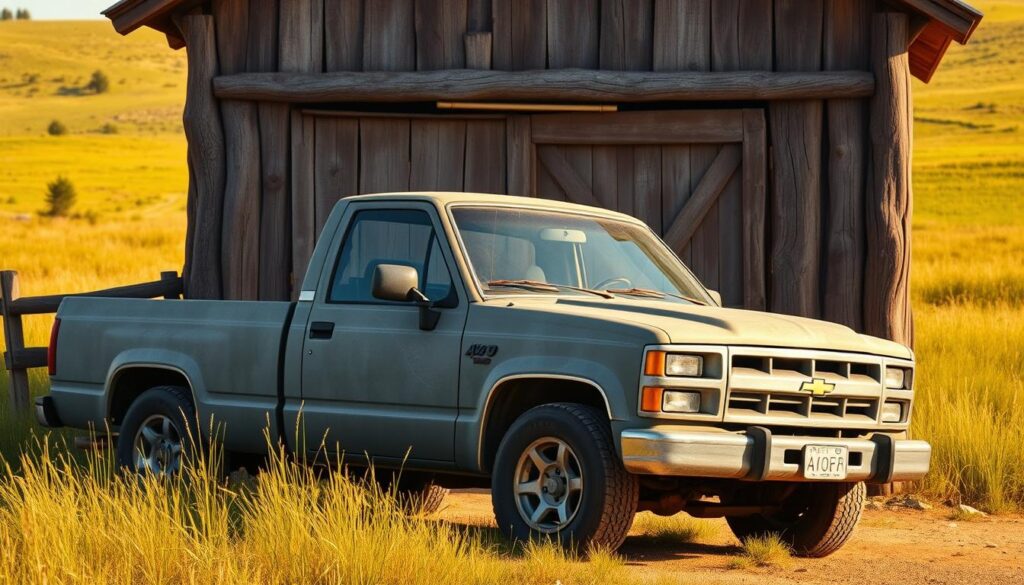 a detailed, photorealistic image of a pickup truck parked in front of a rustic wooden door in a rural setting. The pickup has a weathered, textured appearance, and is positioned at an angle, with one side facing the viewer. The door is made of rough-hewn planks, with a simple metal handle. The background features a lush, rolling landscape with tall grass and a few scattered trees, bathed in warm, golden sunlight. The scene conveys a sense of rustic charm and rugged authenticity, evoking the atmosphere of a small-town auto transport business. a detailed, photorealistic image of a pickup truck parked in front of a rustic wooden door in a rural setting. The pickup has a weathered, textured appearance, and is positioned at an angle, with one side facing the viewer. The door is made of rough-hewn planks, with a simple metal handle. The background features a lush, rolling landscape with tall grass and a few scattered trees, bathed in warm, golden sunlight. The scene conveys a sense of rustic charm and rugged authenticity, evoking the atmosphere of a small-town auto transport business.