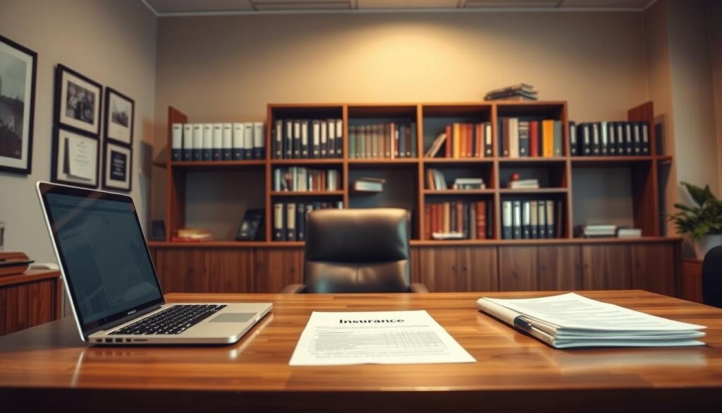 a detailed wide-angle shot of a business office interior, with a large wooden desk in the foreground, a laptop computer and a stack of insurance documents on the desk. Behind the desk, a wall-mounted bookshelf with various insurance-related books and manuals. Soft, warm lighting illuminates the scene, creating a professional and trustworthy atmosphere. The room has a neutral color palette, with muted tones of beige, gray, and brown. The overall composition conveys a sense of reliability, expertise, and attention to detail in the field of insurance. a detailed wide-angle shot of a business office interior, with a large wooden desk in the foreground, a laptop computer and a stack of insurance documents on the desk. Behind the desk, a wall-mounted bookshelf with various insurance-related books and manuals. Soft, warm lighting illuminates the scene, creating a professional and trustworthy atmosphere. The room has a neutral color palette, with muted tones of beige, gray, and brown. The overall composition conveys a sense of reliability, expertise, and attention to detail in the field of insurance.