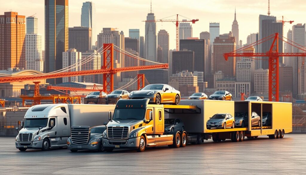 a high-quality 3D rendered image of specialized auto transport services, showing a fleet of enclosed car carriers and open car haulers against a backdrop of a bustling urban skyline with skyscrapers, bridges, and cranes. The vehicles are expertly detailed, showcasing their modern features and attention to safety. The lighting is warm and directional, creating a sense of professionalism and reliability. The composition emphasizes the scale and capabilities of the transportation services, while the urban setting suggests the company's ability to navigate the challenges of the New York City landscape. The overall mood is one of efficiency, expertise, and a commitment to meeting the specialized needs of car owners. a high-quality 3D rendered image of specialized auto transport services, showing a fleet of enclosed car carriers and open car haulers against a backdrop of a bustling urban skyline with skyscrapers, bridges, and cranes. The vehicles are expertly detailed, showcasing their modern features and attention to safety. The lighting is warm and directional, creating a sense of professionalism and reliability. The composition emphasizes the scale and capabilities of the transportation services, while the urban setting suggests the company's ability to navigate the challenges of the New York City landscape. The overall mood is one of efficiency, expertise, and a commitment to meeting the specialized needs of car owners.