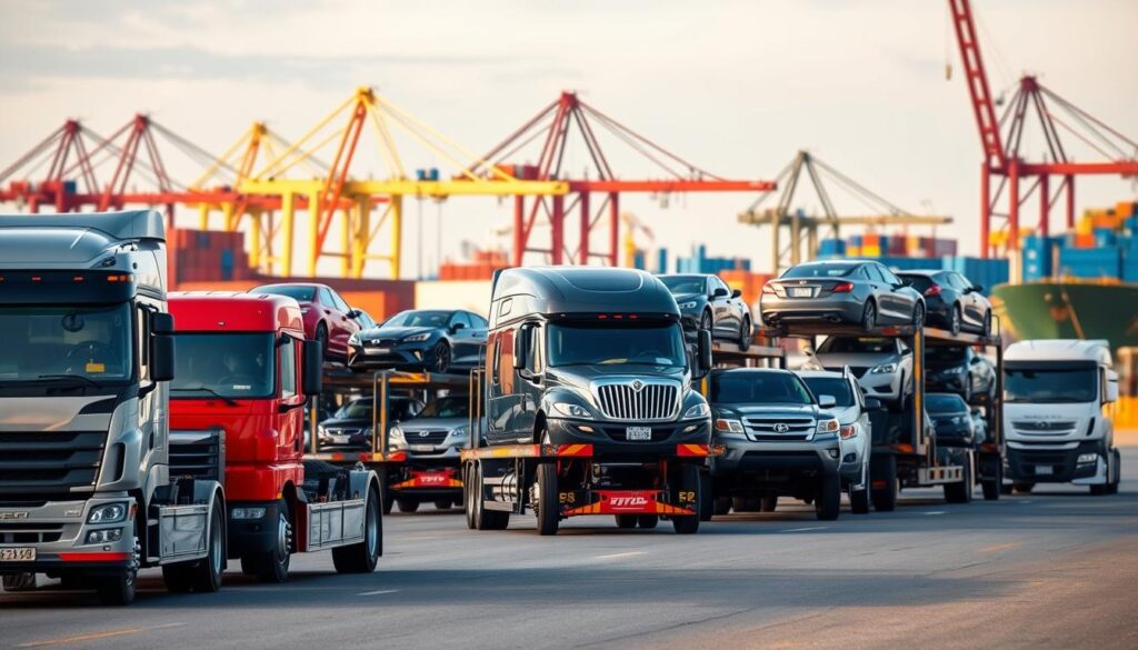 a high-quality, detailed image of car shipping services in Freeport, featuring a fleet of well-maintained car carrier trucks in the foreground transporting various makes and models of vehicles, against a backdrop of a bustling port scene with cranes, warehouses, and other shipping infrastructure. The image should have a crisp, realistic style with warm lighting that emphasizes the scale and efficiency of the car shipping operation. The overall composition should convey a sense of professionalism, reliability, and attention to detail in the car shipping services provided. a high-quality, detailed image of car shipping services in Freeport, featuring a fleet of well-maintained car carrier trucks in the foreground transporting various makes and models of vehicles, against a backdrop of a bustling port scene with cranes, warehouses, and other shipping infrastructure. The image should have a crisp, realistic style with warm lighting that emphasizes the scale and efficiency of the car shipping operation. The overall composition should convey a sense of professionalism, reliability, and attention to detail in the car shipping services provided.