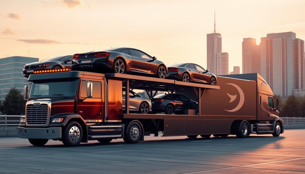 a highly detailed digital illustration of an auto transport service, featuring a large semi-truck carrying several cars on a multi-level trailer, parked in a well-lit outdoor setting with a modern city skyline in the background. The truck is sleek and professional-looking, with the company's logo prominently displayed. The composition emphasizes the scale and capability of the auto transport service, conveying a sense of reliability, efficiency, and quality. The lighting is warm and natural, creating a pleasant, inviting atmosphere. The overall scene is designed to showcase the service's expertise and trustworthiness in transporting vehicles safely and securely. a highly detailed digital illustration of an auto transport service, featuring a large semi-truck carrying several cars on a multi-level trailer, parked in a well-lit outdoor setting with a modern city skyline in the background. The truck is sleek and professional-looking, with the company's logo prominently displayed. The composition emphasizes the scale and capability of the auto transport service, conveying a sense of reliability, efficiency, and quality. The lighting is warm and natural, creating a pleasant, inviting atmosphere. The overall scene is designed to showcase the service's expertise and trustworthiness in transporting vehicles safely and securely.