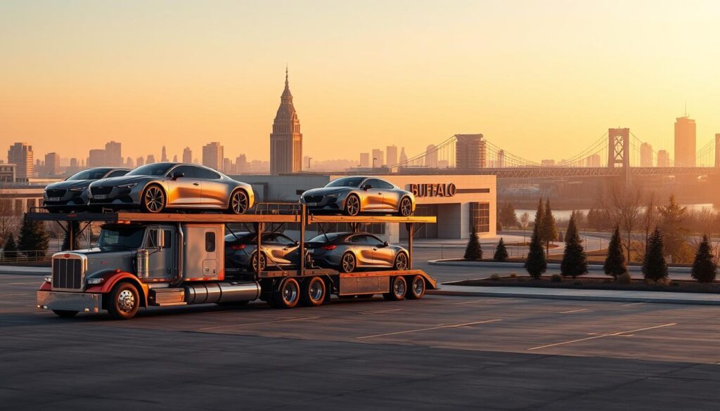 a highly detailed, photorealistic image of a car shipping service in Buffalo, New York. In the foreground, a large semi-truck with a car carrier trailer is parked on a paved lot, with several cars securely loaded on the top and bottom decks. The truck is illuminated by warm, directional lighting, casting long shadows and highlighting the shiny chrome details. In the middle ground, a modern office building with the company's logo stands prominently, surrounded by neatly manicured landscaping. In the background, the city skyline of Buffalo is visible, with iconic landmarks like the City Hall and the Peace Bridge in the distance. The overall scene conveys a sense of professionalism, efficiency, and reliability in the car shipping industry. a highly detailed, photorealistic image of a car shipping service in Buffalo, New York. In the foreground, a large semi-truck with a car carrier trailer is parked on a paved lot, with several cars securely loaded on the top and bottom decks. The truck is illuminated by warm, directional lighting, casting long shadows and highlighting the shiny chrome details. In the middle ground, a modern office building with the company's logo stands prominently, surrounded by neatly manicured landscaping. In the background, the city skyline of Buffalo is visible, with iconic landmarks like the City Hall and the Peace Bridge in the distance. The overall scene conveys a sense of professionalism, efficiency, and reliability in the car shipping industry.
