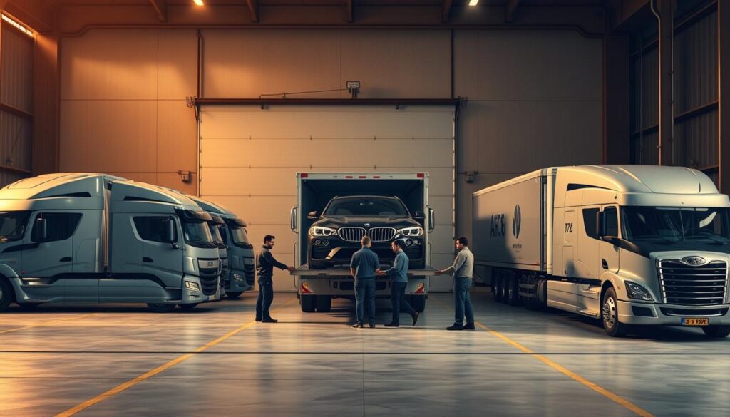 a highly detailed, photorealistic image of a trusted auto transport service in Evanston, Illinois. The scene is set in a spacious, well-lit auto transport facility, with a large garage door in the background and several specialized transport trucks parked neatly in the foreground. The trucks are sleek and modern, with the company's logo prominently displayed. In the middle ground, a team of professional auto transporters is carefully loading a luxury sedan onto one of the trucks, using specialized equipment and following strict safety protocols. The lighting is warm and natural, creating a sense of professionalism and reliability. The overall atmosphere conveys a feeling of trust, efficiency, and a commitment to providing high-quality auto transport services to the Evanston community. a highly detailed, photorealistic image of a trusted auto transport service in Evanston, Illinois. The scene is set in a spacious, well-lit auto transport facility, with a large garage door in the background and several specialized transport trucks parked neatly in the foreground. The trucks are sleek and modern, with the company's logo prominently displayed. In the middle ground, a team of professional auto transporters is carefully loading a luxury sedan onto one of the trucks, using specialized equipment and following strict safety protocols. The lighting is warm and natural, creating a sense of professionalism and reliability. The overall atmosphere conveys a feeling of trust, efficiency, and a commitment to providing high-quality auto transport services to the Evanston community.