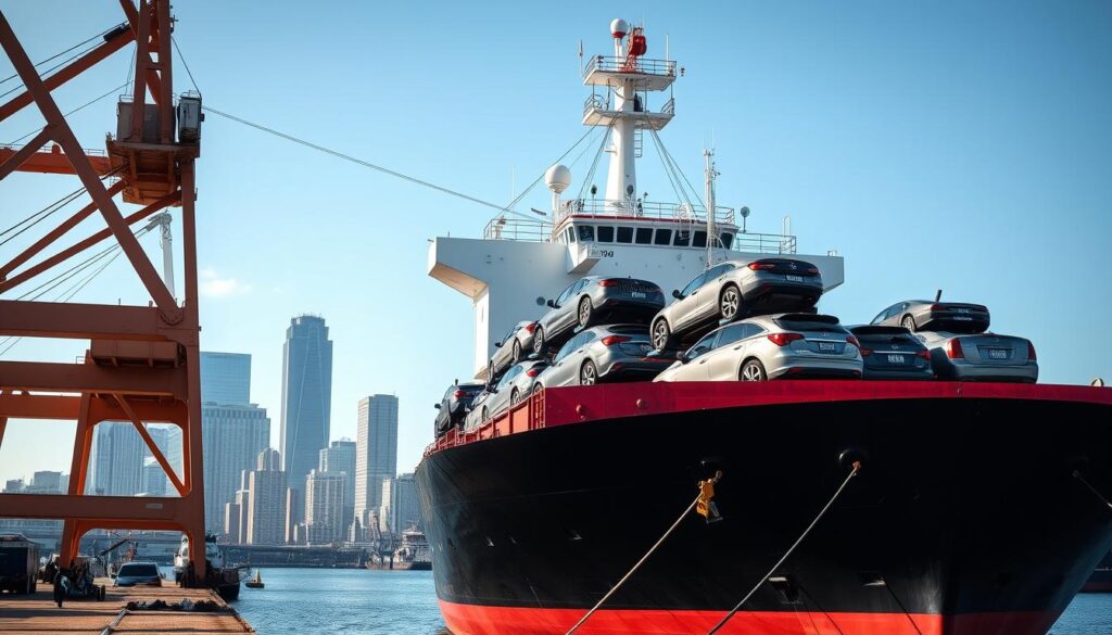 a large cargo ship transporting several cars and trucks, with the Salem skyline in the background on a sunny day. The ship is seen from a low angle, highlighting its imposing size and scale, with cranes and cargo containers visible in the foreground. The scene conveys the efficient and reliable nature of car shipping and auto transport services in the city, with the vehicles securely stacked and anchored on the ship's deck. The lighting is bright and natural, casting long shadows and accentuating the details of the ship and its cargo. The overall mood is one of professionalism, safety, and the smooth flow of commerce. a large cargo ship transporting several cars and trucks, with the Salem skyline in the background on a sunny day. The ship is seen from a low angle, highlighting its imposing size and scale, with cranes and cargo containers visible in the foreground. The scene conveys the efficient and reliable nature of car shipping and auto transport services in the city, with the vehicles securely stacked and anchored on the ship's deck. The lighting is bright and natural, casting long shadows and accentuating the details of the ship and its cargo. The overall mood is one of professionalism, safety, and the smooth flow of commerce.