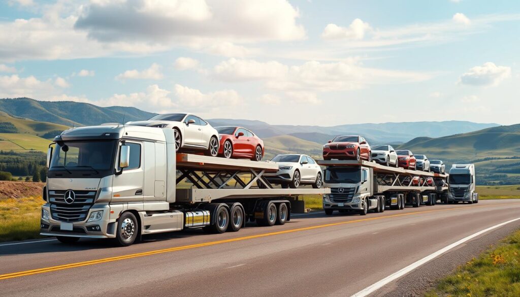 a meticulously detailed 3D render of a fleet of modern, high-quality car carrier trucks transporting various makes and models of vehicles across a vast, expansive landscape with rolling hills, lush greenery, and a clear blue sky. The trucks are pristine, with glossy paint jobs and chrome accents, conveying a sense of reliability and professionalism. The cars they are carrying are neatly arranged, reflecting the care and attention to detail of the shipping services. The lighting is natural, with warm, golden tones that create a sense of comfort and trustworthiness. The camera angle is slightly elevated, giving a panoramic view of the scene, emphasizing the scale and scope of the car shipping operation. a meticulously detailed 3D render of a fleet of modern, high-quality car carrier trucks transporting various makes and models of vehicles across a vast, expansive landscape with rolling hills, lush greenery, and a clear blue sky. The trucks are pristine, with glossy paint jobs and chrome accents, conveying a sense of reliability and professionalism. The cars they are carrying are neatly arranged, reflecting the care and attention to detail of the shipping services. The lighting is natural, with warm, golden tones that create a sense of comfort and trustworthiness. The camera angle is slightly elevated, giving a panoramic view of the scene, emphasizing the scale and scope of the car shipping operation.