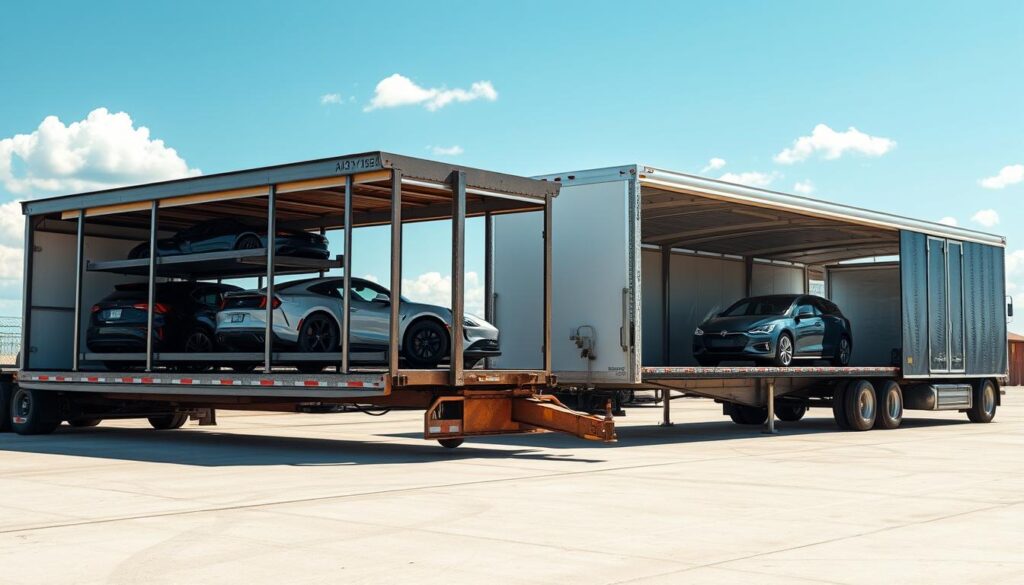 high-resolution, highly detailed, hyperrealistic image of an open car transport trailer and an enclosed car transport trailer, side by side, in a sunny outdoor setting with a clear blue sky and a few clouds. The open trailer has multiple levels and the vehicles are visible, while the enclosed trailer has a solid roof and the vehicles are concealed. Crisp shadows and realistic lighting create a sense of depth and dimension. The trailer frames are made of metal with a textured, weathered appearance. The overall scene conveys the contrast between the two car transport options in a visually striking and informative way. high-resolution, highly detailed, hyperrealistic image of an open car transport trailer and an enclosed car transport trailer, side by side, in a sunny outdoor setting with a clear blue sky and a few clouds. The open trailer has multiple levels and the vehicles are visible, while the enclosed trailer has a solid roof and the vehicles are concealed. Crisp shadows and realistic lighting create a sense of depth and dimension. The trailer frames are made of metal with a textured, weathered appearance. The overall scene conveys the contrast between the two car transport options in a visually striking and informative way.