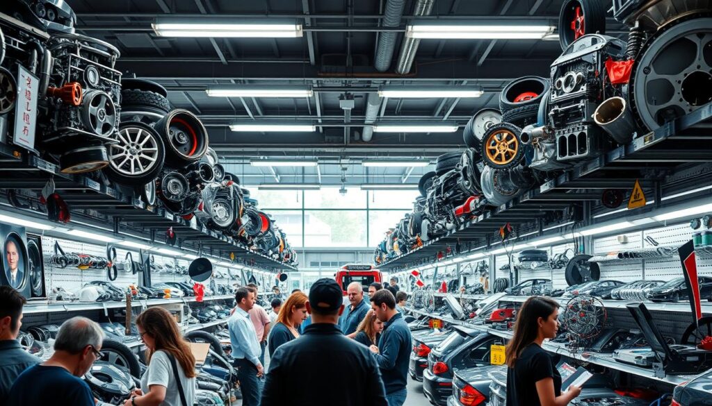 A bustling auto parts market with rows of well-stocked shelves, showcasing an array of gleaming car components and accessories. Bright fluorescent lighting illuminates the scene, casting a crisp, clean atmosphere. In the foreground, customers browse through the selection, examining various parts with a keen eye. The middle ground is filled with knowledgeable salespeople, eager to assist and provide expert advice. In the background, the market is framed by large windows, allowing natural light to filter in and creating a sense of openness and accessibility. The overall mood is one of efficiency, efficiency, and a thriving cross-border ecosystem for car enthusiasts and mechanics. A bustling auto parts market with rows of well-stocked shelves, showcasing an array of gleaming car components and accessories. Bright fluorescent lighting illuminates the scene, casting a crisp, clean atmosphere. In the foreground, customers browse through the selection, examining various parts with a keen eye. The middle ground is filled with knowledgeable salespeople, eager to assist and provide expert advice. In the background, the market is framed by large windows, allowing natural light to filter in and creating a sense of openness and accessibility. The overall mood is one of efficiency, efficiency, and a thriving cross-border ecosystem for car enthusiasts and mechanics.