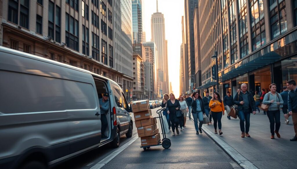 A bustling city street in the late afternoon, the sun casting a warm, golden glow across the scene. In the foreground, a delivery van pulls up to the curb, its driver swiftly unloading a stack of packages onto a dolly. Pedestrians hurry by, their faces reflecting the urgency of the moment. In the middle ground, tall office buildings and storefronts line the street, their windows reflecting the activity below. In the background, the skyline stretches out, hinting at the greater network of commerce and connectivity that this delivery represents. The overall mood is one of efficiency and forward momentum, capturing the essence of a cross-border delivery. A bustling city street in the late afternoon, the sun casting a warm, golden glow across the scene. In the foreground, a delivery van pulls up to the curb, its driver swiftly unloading a stack of packages onto a dolly. Pedestrians hurry by, their faces reflecting the urgency of the moment. In the middle ground, tall office buildings and storefronts line the street, their windows reflecting the activity below. In the background, the skyline stretches out, hinting at the greater network of commerce and connectivity that this delivery represents. The overall mood is one of efficiency and forward momentum, capturing the essence of a cross-border delivery.