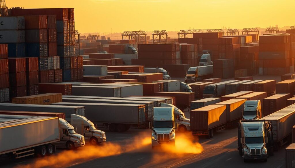 A bustling freight depot nestled against a backdrop of towering cargo containers, their steel sides gleaming in the golden light of dusk. In the foreground, a fleet of semi-trucks and trailers, their tires kicking up plumes of dust as they maneuver through the organized chaos. The scene is alive with the hum of forklifts and the clanging of metal, as workers efficiently load and unload shipments bound for destinations across the border. Crisp, cinematic lighting casts dramatic shadows, lending an air of industrious purpose to the entire operation. The overall atmosphere is one of reliable, well-oiled efficiency - a testament to the trusted cross-border freight services that keep the economy moving. A bustling freight depot nestled against a backdrop of towering cargo containers, their steel sides gleaming in the golden light of dusk. In the foreground, a fleet of semi-trucks and trailers, their tires kicking up plumes of dust as they maneuver through the organized chaos. The scene is alive with the hum of forklifts and the clanging of metal, as workers efficiently load and unload shipments bound for destinations across the border. Crisp, cinematic lighting casts dramatic shadows, lending an air of industrious purpose to the entire operation. The overall atmosphere is one of reliable, well-oiled efficiency - a testament to the trusted cross-border freight services that keep the economy moving.