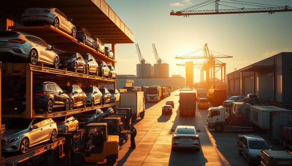 A bustling transportation hub with a wide-angle view of various vehicle types and sizes being efficiently loaded and unloaded from a multilevel car carrier. The scene is bathed in warm, golden sunlight, casting long shadows and creating a sense of energy and dynamism. In the foreground, forklifts and workers coordinate the loading process, while in the middle ground, cars, SUVs, and trucks are being securely fastened for transport. The background features a modern, well-organized logistics facility with towering silos and cranes, conveying the scale and complexity of the vehicle shipping operation. The overall atmosphere is one of precision, productivity, and the seamless movement of goods across borders. A bustling transportation hub with a wide-angle view of various vehicle types and sizes being efficiently loaded and unloaded from a multilevel car carrier. The scene is bathed in warm, golden sunlight, casting long shadows and creating a sense of energy and dynamism. In the foreground, forklifts and workers coordinate the loading process, while in the middle ground, cars, SUVs, and trucks are being securely fastened for transport. The background features a modern, well-organized logistics facility with towering silos and cranes, conveying the scale and complexity of the vehicle shipping operation. The overall atmosphere is one of precision, productivity, and the seamless movement of goods across borders.
