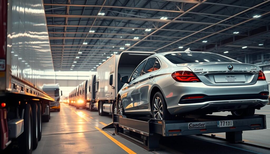 A busy transportation hub with a fleet of car transport trucks loading and unloading vehicles. In the foreground, a sleek, newly polished car is being gently loaded onto a specialized carrier using a hydraulic lift. The middle ground features a row of trucks, each meticulously maintained, their chrome trim gleaming under the warm, diffused lighting. In the background, a modern, well-organized logistics facility with high ceilings and efficient cargo handling operations. The overall scene conveys a sense of professionalism, reliability, and attention to detail - the hallmarks of a trusted, insured auto transport service from the USA to Canada. A busy transportation hub with a fleet of car transport trucks loading and unloading vehicles. In the foreground, a sleek, newly polished car is being gently loaded onto a specialized carrier using a hydraulic lift. The middle ground features a row of trucks, each meticulously maintained, their chrome trim gleaming under the warm, diffused lighting. In the background, a modern, well-organized logistics facility with high ceilings and efficient cargo handling operations. The overall scene conveys a sense of professionalism, reliability, and attention to detail - the hallmarks of a trusted, insured auto transport service from the USA to Canada.