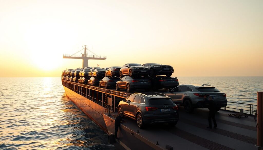 A car carrier ship transporting multiple vehicles across a vast, calm ocean under a warm, golden sunset. The ship's deck is packed with various car models, their shiny exteriors gleaming in the soft, diffused lighting. In the foreground, a few cars are being loaded or unloaded by a team of skilled workers, their movements precise and efficient. The background features a distant horizon, where the setting sun casts a warm, ethereal glow over the serene water. The overall scene conveys a sense of smooth, reliable transportation, with the car carrier ship as the central focus, symbolizing the safe and secure shipment of vehicles from one country to another. A car carrier ship transporting multiple vehicles across a vast, calm ocean under a warm, golden sunset. The ship's deck is packed with various car models, their shiny exteriors gleaming in the soft, diffused lighting. In the foreground, a few cars are being loaded or unloaded by a team of skilled workers, their movements precise and efficient. The background features a distant horizon, where the setting sun casts a warm, ethereal glow over the serene water. The overall scene conveys a sense of smooth, reliable transportation, with the car carrier ship as the central focus, symbolizing the safe and secure shipment of vehicles from one country to another.
