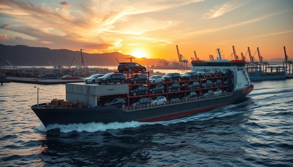 A cargo ship gently rocking on the waves, its deck stacked high with a diverse array of vehicles, from sleek sedans to sturdy SUVs, all meticulously secured for a seamless trans-border journey. In the background, a picturesque harbor with towering cranes and bustling docks, set against a vibrant sky painted with warm hues of golden hour. The scene is bathed in soft, directional lighting, creating a sense of movement and depth, with subtle reflections playing across the water's surface. The overall composition conveys the efficiency and reliability of the vehicle shipping process, ready to whisk your prized possession from Canada to the United States with utmost care. A cargo ship gently rocking on the waves, its deck stacked high with a diverse array of vehicles, from sleek sedans to sturdy SUVs, all meticulously secured for a seamless trans-border journey. In the background, a picturesque harbor with towering cranes and bustling docks, set against a vibrant sky painted with warm hues of golden hour. The scene is bathed in soft, directional lighting, creating a sense of movement and depth, with subtle reflections playing across the water's surface. The overall composition conveys the efficiency and reliability of the vehicle shipping process, ready to whisk your prized possession from Canada to the United States with utmost care.