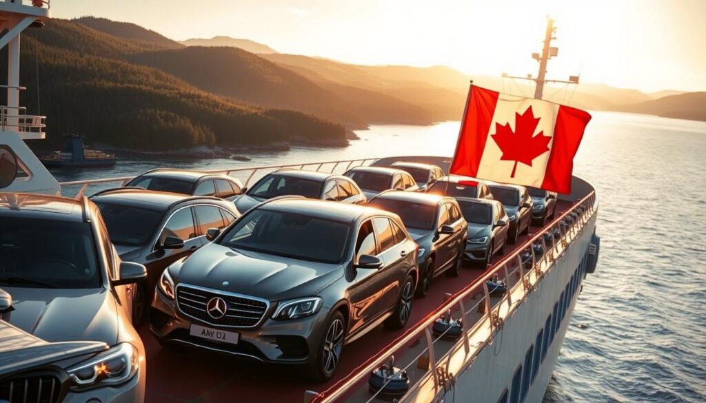 A cargo ship transporting several cars of various makes and models, with the Canadian flag prominently displayed. The scene is bathed in warm, golden-hour lighting, casting long shadows across the deck. The cars are neatly arranged, with their chrome accents and glossy finishes gleaming. In the background, the shoreline of Canada is visible, with rolling hills and dense forests. The atmosphere conveys a sense of efficiency, international trade, and the seamless movement of goods across borders. A cargo ship transporting several cars of various makes and models, with the Canadian flag prominently displayed. The scene is bathed in warm, golden-hour lighting, casting long shadows across the deck. The cars are neatly arranged, with their chrome accents and glossy finishes gleaming. In the background, the shoreline of Canada is visible, with rolling hills and dense forests. The atmosphere conveys a sense of efficiency, international trade, and the seamless movement of goods across borders.