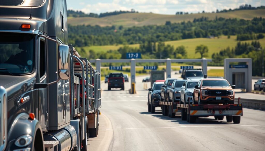A cross-border vehicle transport scene on a sunny day, captured from a low angle with a wide-angle lens. In the foreground, a semi-truck hauling a car carrier loaded with various makes and models of vehicles, its metallic chrome accents gleaming in the light. In the middle ground, the border crossing checkpoint with its tall concrete barriers and security booths. Beyond, a lush landscape of rolling hills and distant trees. The atmosphere is one of efficient, organized transport, with a touch of the adventure and anticipation of international travel. A cross-border vehicle transport scene on a sunny day, captured from a low angle with a wide-angle lens. In the foreground, a semi-truck hauling a car carrier loaded with various makes and models of vehicles, its metallic chrome accents gleaming in the light. In the middle ground, the border crossing checkpoint with its tall concrete barriers and security booths. Beyond, a lush landscape of rolling hills and distant trees. The atmosphere is one of efficient, organized transport, with a touch of the adventure and anticipation of international travel.