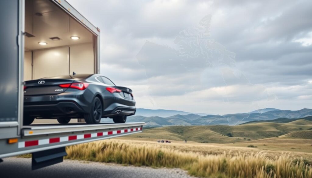 A detailed buyer's guide showcasing the benefits of car shipping from the USA to Canada. In the foreground, a well-lit, high-angle view of an automotive transport truck loading a sleek, polished car. The middle ground features a map of North America, highlighting the route from the United States to Canada. In the background, a soft, ethereal landscape of rolling hills and a cloudy sky, conveying a sense of reliability and smooth transport. The overall tone is one of professionalism, efficiency, and the confidence of a seamless cross-border auto shipping experience. A detailed buyer's guide showcasing the benefits of car shipping from the USA to Canada. In the foreground, a well-lit, high-angle view of an automotive transport truck loading a sleek, polished car. The middle ground features a map of North America, highlighting the route from the United States to Canada. In the background, a soft, ethereal landscape of rolling hills and a cloudy sky, conveying a sense of reliability and smooth transport. The overall tone is one of professionalism, efficiency, and the confidence of a seamless cross-border auto shipping experience.