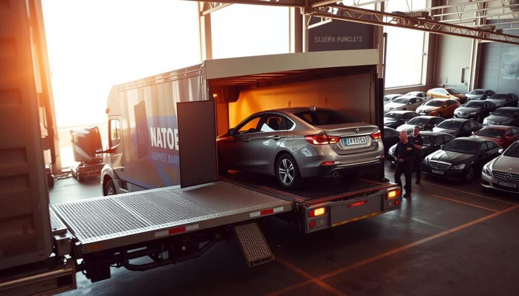 A detailed, high-resolution image of the process of vehicle shipping from the USA to Canada. The foreground depicts a semi-truck trailer being loaded with a sedan, the driver carefully maneuvering the vehicle onto the transport. In the middle ground, a team of workers oversee the loading, ensuring secure tie-down and inspection. The background showcases the staging area, with rows of vehicles awaiting transport, all bathed in the warm glow of natural daylight filtering through the warehouse windows. The scene conveys a sense of efficiency, professionalism, and care, capturing the essential steps involved in the safe, reliable car transport service. A detailed, high-resolution image of the process of vehicle shipping from the USA to Canada. The foreground depicts a semi-truck trailer being loaded with a sedan, the driver carefully maneuvering the vehicle onto the transport. In the middle ground, a team of workers oversee the loading, ensuring secure tie-down and inspection. The background showcases the staging area, with rows of vehicles awaiting transport, all bathed in the warm glow of natural daylight filtering through the warehouse windows. The scene conveys a sense of efficiency, professionalism, and care, capturing the essential steps involved in the safe, reliable car transport service.