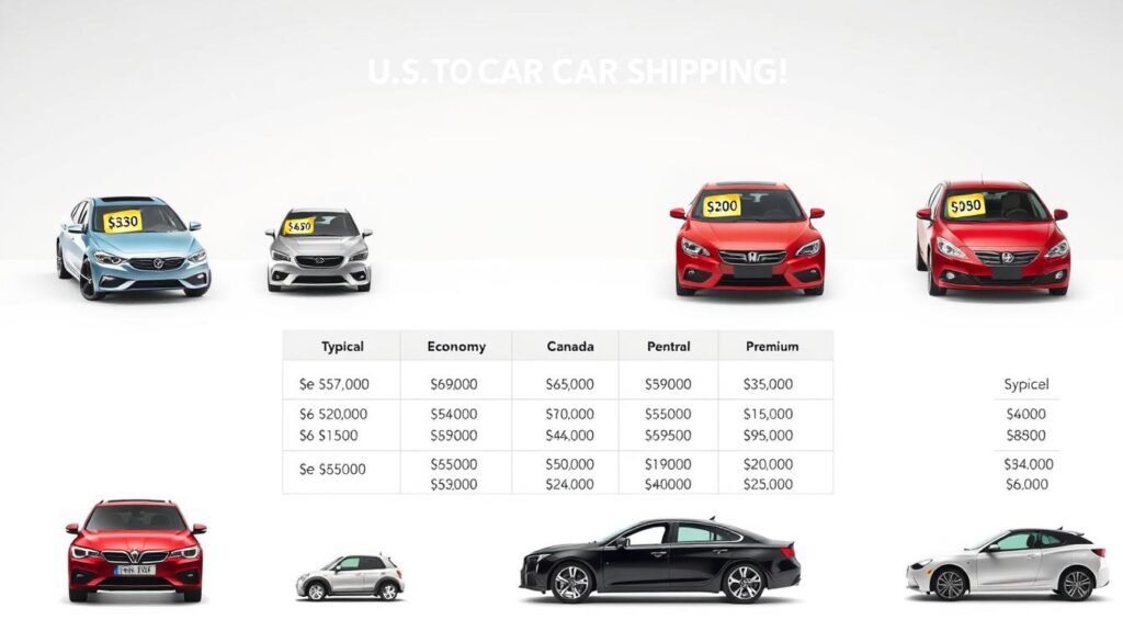 A detailed illustration of varying car shipping price ranges, set against a clean, minimalist background. In the foreground, a selection of automobiles in different sizes and styles, each with a corresponding price tag displayed prominently. The midground features a grid-like layout highlighting the typical cost spectrum for U.S.-to-Canada car shipping, from economy to premium options. The background maintains a soft, uniform gradient, allowing the pricing information to take center stage. Bright, even lighting accentuates the sleek, contemporary aesthetic, creating a professional, informative visual aid. A detailed illustration of varying car shipping price ranges, set against a clean, minimalist background. In the foreground, a selection of automobiles in different sizes and styles, each with a corresponding price tag displayed prominently. The midground features a grid-like layout highlighting the typical cost spectrum for U.S.-to-Canada car shipping, from economy to premium options. The background maintains a soft, uniform gradient, allowing the pricing information to take center stage. Bright, even lighting accentuates the sleek, contemporary aesthetic, creating a professional, informative visual aid.