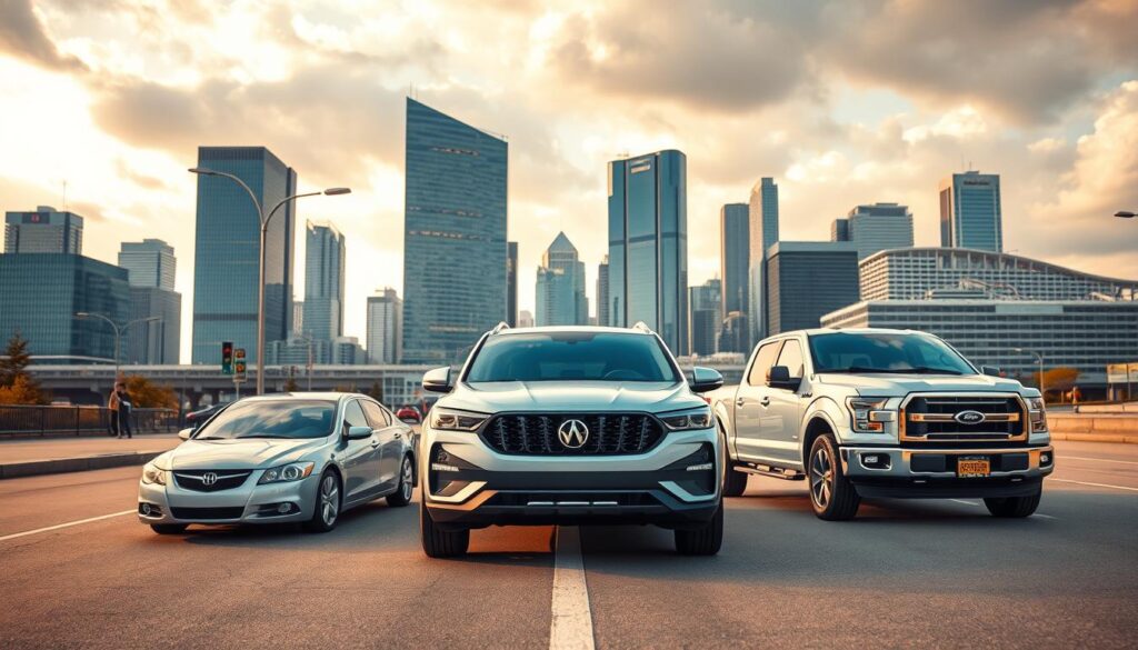 A detailed illustration of vehicle cost factors, showcasing a well-lit, high-angle perspective of a sedan, SUV, and pickup truck parked in a contemporary urban setting. The foreground features the vehicles with clearly visible features like make, model, and trim level. The middle ground includes road signage, street lamps, and a few pedestrians, conveying a sense of a bustling city environment. The background depicts a series of modern skyscrapers and a cloudy, golden-hour sky, creating a sleek, metropolitan atmosphere. The image aims to provide a comprehensive visual representation of the key variables that influence the overall costs of shipping a car from Canada to the USA. A detailed illustration of vehicle cost factors, showcasing a well-lit, high-angle perspective of a sedan, SUV, and pickup truck parked in a contemporary urban setting. The foreground features the vehicles with clearly visible features like make, model, and trim level. The middle ground includes road signage, street lamps, and a few pedestrians, conveying a sense of a bustling city environment. The background depicts a series of modern skyscrapers and a cloudy, golden-hour sky, creating a sleek, metropolitan atmosphere. The image aims to provide a comprehensive visual representation of the key variables that influence the overall costs of shipping a car from Canada to the USA.