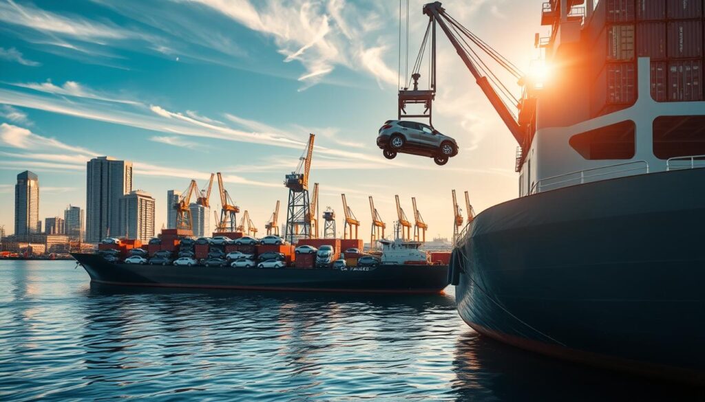 A detailed, photorealistic image of a car being shipped from the United States to Canada. The foreground depicts a large cargo ship, its deck laden with rows of neatly stacked vehicles, their reflections rippling in the calm waters. Sunlight glints off the ship's metallic hull, casting warm, golden hues across the scene. In the middle ground, a towering crane lifts a car onto the ship, its movements precise and efficient. The background showcases a picturesque harbor, with skyscrapers, cranes, and a clear blue sky dotted with wispy clouds. The overall atmosphere conveys a sense of international trade, logistics, and the seamless transportation of goods between the two North American neighbors. A detailed, photorealistic image of a car being shipped from the United States to Canada. The foreground depicts a large cargo ship, its deck laden with rows of neatly stacked vehicles, their reflections rippling in the calm waters. Sunlight glints off the ship's metallic hull, casting warm, golden hues across the scene. In the middle ground, a towering crane lifts a car onto the ship, its movements precise and efficient. The background showcases a picturesque harbor, with skyscrapers, cranes, and a clear blue sky dotted with wispy clouds. The overall atmosphere conveys a sense of international trade, logistics, and the seamless transportation of goods between the two North American neighbors.