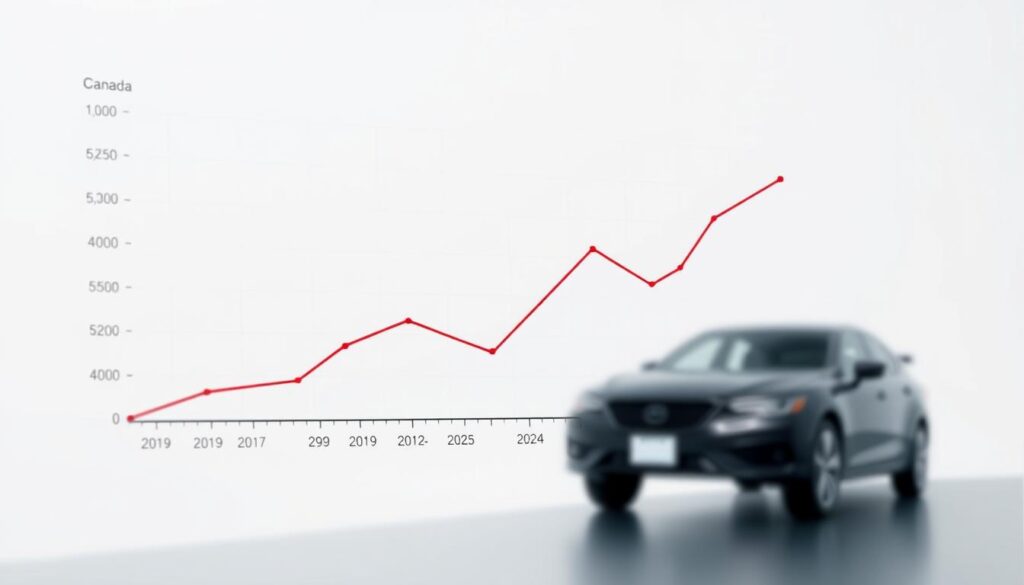 A detailed trendline graph showing the annual car shipments from Canada to the USA from 2019 to the present, with a contextual projection for 2024-2025. The graph is rendered on a clean, minimalist background with subtle grid lines and axis labels. The line graph itself is sleek and modern, with distinctive data points and a smooth, high-contrast curve. The overall aesthetic is professional and analytical, suitable for inclusion in a data-driven article. Lighting is soft and even, with a slight depth-of-field blur to focus attention on the graph. The camera angle is slightly elevated to provide an optimal viewing perspective. A detailed trendline graph showing the annual car shipments from Canada to the USA from 2019 to the present, with a contextual projection for 2024-2025. The graph is rendered on a clean, minimalist background with subtle grid lines and axis labels. The line graph itself is sleek and modern, with distinctive data points and a smooth, high-contrast curve. The overall aesthetic is professional and analytical, suitable for inclusion in a data-driven article. Lighting is soft and even, with a slight depth-of-field blur to focus attention on the graph. The camera angle is slightly elevated to provide an optimal viewing perspective.