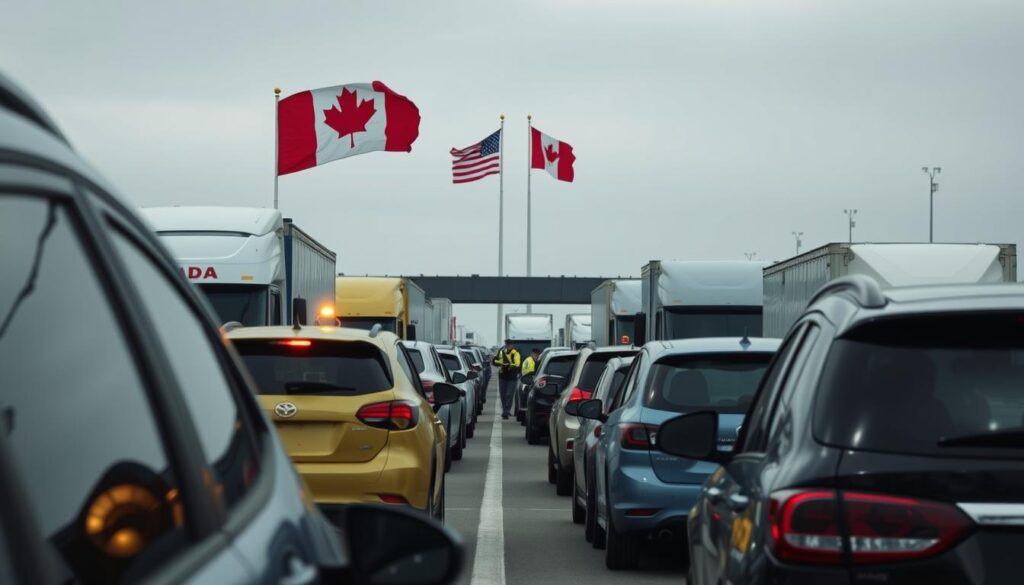 A detailed, wide-angle view of a busy border crossing between the United States and Canada, with a focus on the customs and duties inspection area. In the foreground, several vehicles, both cars and commercial trucks, wait in a winding queue, their drivers anxiously eyeing the uniformed officers examining documents and cargo. The middle ground features the inspection booths, their bright overhead lights casting a sterile, bureaucratic atmosphere. In the background, the iconic Canadian and American flags flutter, symbolizing the international nature of the crossing. The scene conveys a sense of administrative complexity, the unavoidable costs and procedures that must be navigated when shipping a vehicle across the border. A detailed, wide-angle view of a busy border crossing between the United States and Canada, with a focus on the customs and duties inspection area. In the foreground, several vehicles, both cars and commercial trucks, wait in a winding queue, their drivers anxiously eyeing the uniformed officers examining documents and cargo. The middle ground features the inspection booths, their bright overhead lights casting a sterile, bureaucratic atmosphere. In the background, the iconic Canadian and American flags flutter, symbolizing the international nature of the crossing. The scene conveys a sense of administrative complexity, the unavoidable costs and procedures that must be navigated when shipping a vehicle across the border.