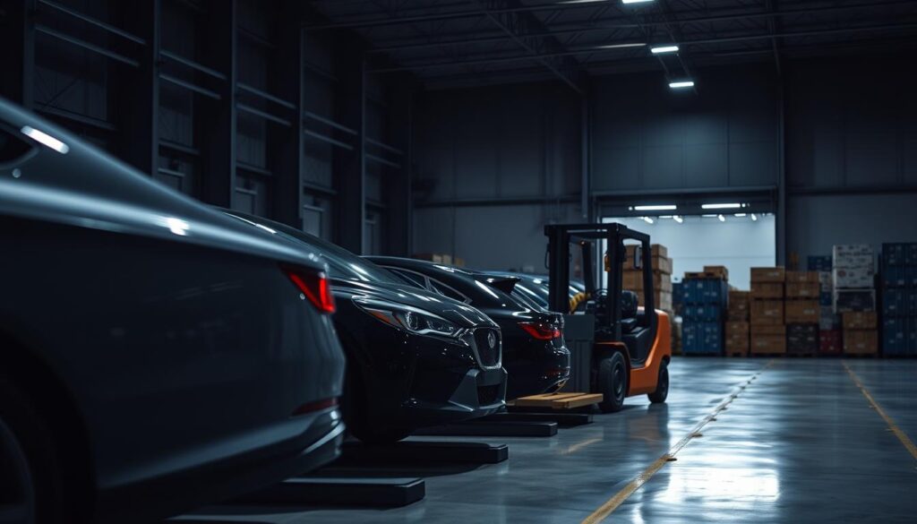 A dimly lit warehouse interior, the focus drawn to a row of automobiles awaiting export. Crisp, cool lighting casts shadows across the sleek contours of the vehicles, their metallic finishes gleaming. In the foreground, a forklift carefully maneuvers a car onto a loading platform, the engine rumbling with power. Beyond, stacks of crates and shipping containers hint at the scale of this North American trade flow. The atmosphere is one of efficiency and precision, reflecting the importance of this automotive export snapshot in the larger context of the U.S.-Canada economic relationship. A dimly lit warehouse interior, the focus drawn to a row of automobiles awaiting export. Crisp, cool lighting casts shadows across the sleek contours of the vehicles, their metallic finishes gleaming. In the foreground, a forklift carefully maneuvers a car onto a loading platform, the engine rumbling with power. Beyond, stacks of crates and shipping containers hint at the scale of this North American trade flow. The atmosphere is one of efficiency and precision, reflecting the importance of this automotive export snapshot in the larger context of the U.S.-Canada economic relationship.
