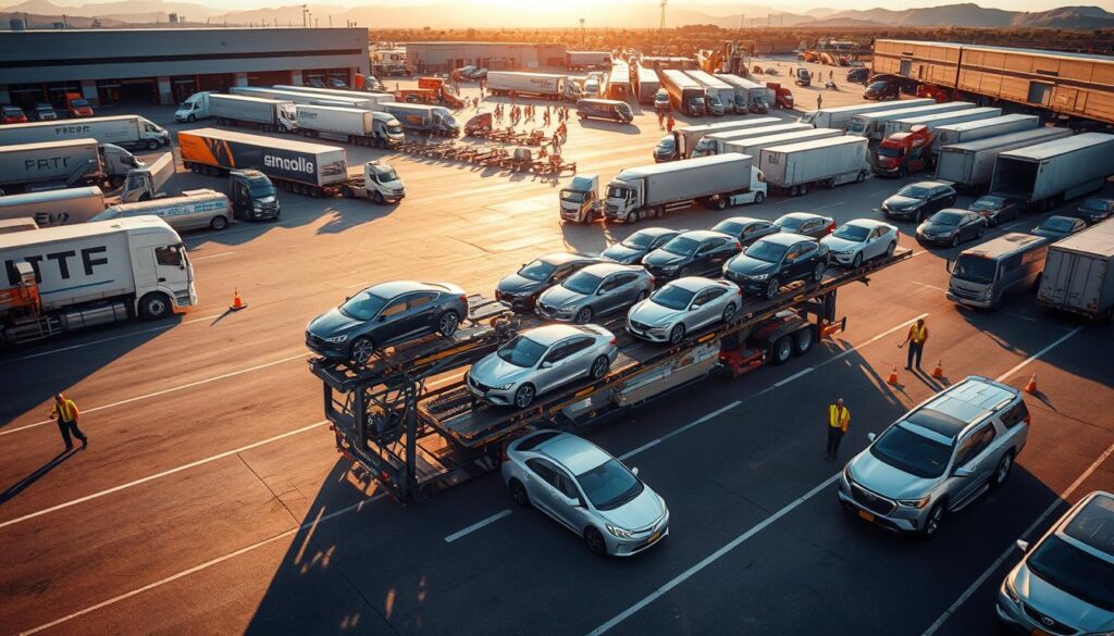 A high-angle view of a bustling vehicle transport logistics hub, with a fleet of diverse cargo trucks and haulers loading and unloading automobiles of various makes and models. The scene is bathed in warm, golden late-afternoon sunlight, casting long shadows across the asphalt expanse. In the foreground, a state-of-the-art, semi-autonomous car carrier meticulously maneuvers a row of freshly polished sedans onto its multi-level trailer, while in the middle ground, logistics workers efficiently coordinate the choreographed ballet of vehicle movements. The background is framed by a modern warehouse facility and the silhouettes of distant mountains, conveying a sense of the scale and complexity of the automotive transportation industry. A high-angle view of a bustling vehicle transport logistics hub, with a fleet of diverse cargo trucks and haulers loading and unloading automobiles of various makes and models. The scene is bathed in warm, golden late-afternoon sunlight, casting long shadows across the asphalt expanse. In the foreground, a state-of-the-art, semi-autonomous car carrier meticulously maneuvers a row of freshly polished sedans onto its multi-level trailer, while in the middle ground, logistics workers efficiently coordinate the choreographed ballet of vehicle movements. The background is framed by a modern warehouse facility and the silhouettes of distant mountains, conveying a sense of the scale and complexity of the automotive transportation industry.