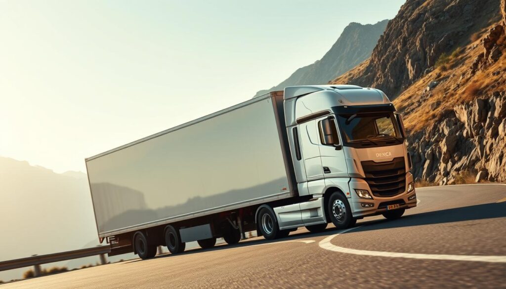 A high-speed transport truck navigates a winding mountain road, its sleek aerodynamic design cutting through the wind. The trailer's sturdy exterior gleams in the soft, diffused lighting, conveying a sense of security and reliability. In the foreground, the cab's tinted windows reflect the rugged landscape, while the road ahead curves gracefully, hinting at the vehicle's effortless ability to traverse the terrain. The scene is infused with a palpable atmosphere of efficiency and professionalism, capturing the essence of a fast, secure vehicle transport service. A high-speed transport truck navigates a winding mountain road, its sleek aerodynamic design cutting through the wind. The trailer's sturdy exterior gleams in the soft, diffused lighting, conveying a sense of security and reliability. In the foreground, the cab's tinted windows reflect the rugged landscape, while the road ahead curves gracefully, hinting at the vehicle's effortless ability to traverse the terrain. The scene is infused with a palpable atmosphere of efficiency and professionalism, capturing the essence of a fast, secure vehicle transport service.