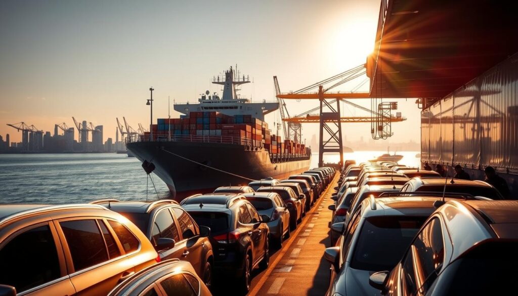 A large cargo ship anchored in a bustling port, the sun casting warm rays across the scene. In the foreground, a long line of vehicles awaits their turn to be loaded onto the ship's deck, their shiny exteriors reflecting the activity around them. In the middle ground, crane operators carefully maneuver the cars onto the vessel, their movements precise and efficient. In the background, the distant city skyline provides a striking contrast, with towering skyscrapers and cranes dotting the horizon. The overall atmosphere conveys a sense of international commerce and transportation, with the vehicles serving as the focal point of this essential logistical process. A large cargo ship anchored in a bustling port, the sun casting warm rays across the scene. In the foreground, a long line of vehicles awaits their turn to be loaded onto the ship's deck, their shiny exteriors reflecting the activity around them. In the middle ground, crane operators carefully maneuver the cars onto the vessel, their movements precise and efficient. In the background, the distant city skyline provides a striking contrast, with towering skyscrapers and cranes dotting the horizon. The overall atmosphere conveys a sense of international commerce and transportation, with the vehicles serving as the focal point of this essential logistical process.