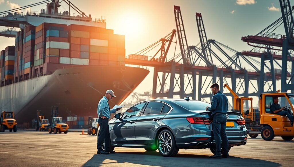 A large cargo ship docked at a bustling port, containers stacked high on its deck. The sun casts a warm glow, illuminating the scene with a sense of productivity. In the foreground, a group of customs agents inspect a late-model sedan, meticulously checking its paperwork and ensuring it meets import regulations. The vehicle's sleek, modern design stands in contrast to the industrial setting, hinting at the journey it has undertaken. The background is filled with cranes, forklifts, and the hustle and bustle of international trade, creating a dynamic and visually compelling image that captures the essence of the "vehicle import" process. A large cargo ship docked at a bustling port, containers stacked high on its deck. The sun casts a warm glow, illuminating the scene with a sense of productivity. In the foreground, a group of customs agents inspect a late-model sedan, meticulously checking its paperwork and ensuring it meets import regulations. The vehicle's sleek, modern design stands in contrast to the industrial setting, hinting at the journey it has undertaken. The background is filled with cranes, forklifts, and the hustle and bustle of international trade, creating a dynamic and visually compelling image that captures the essence of the "vehicle import" process.